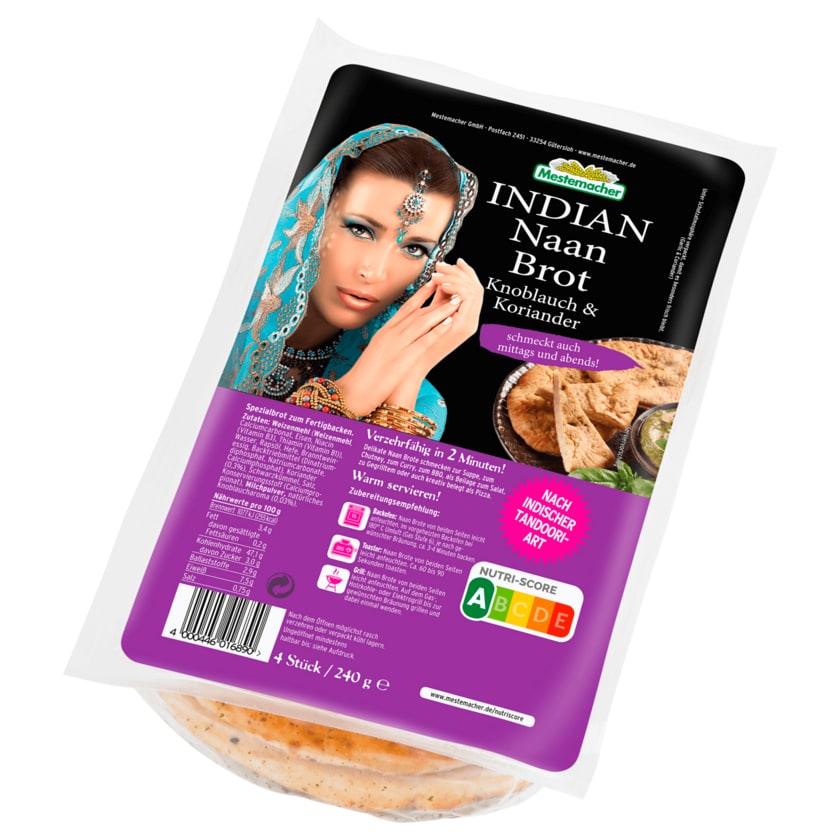 Mestemacher Indian Naan Brot Knoblauch & Koriander, 240 g