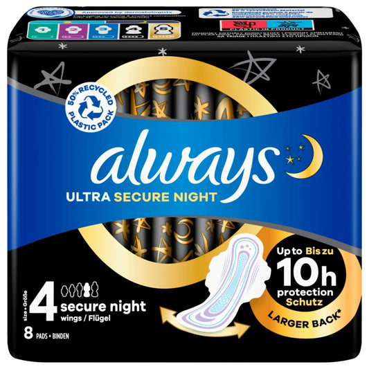 Always Ultra Secure Night mit Flügeln Größe 4, 8 Stück